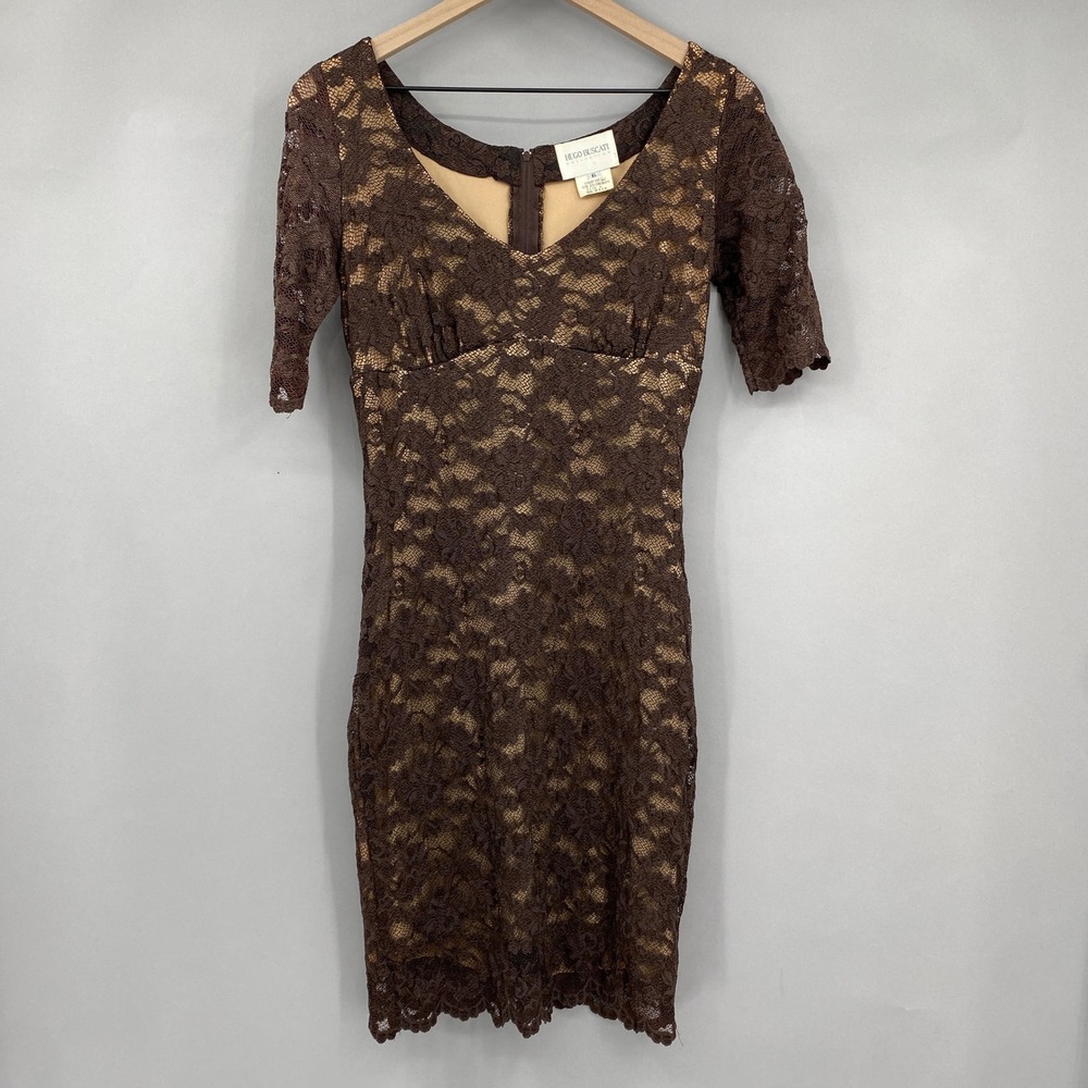 Hugo Buscati Lace Cocktail Dress Womens Size 6 Brown Vintage 90s Sheath Fairy